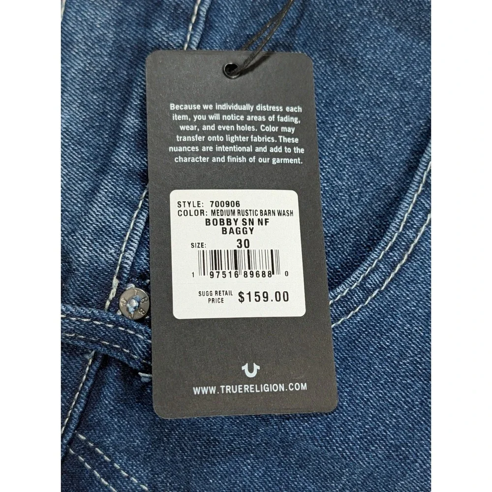 True Religion Bobby Relaxed Baggy Jeans Medium Rustic Barn Wash 30x32 700906 NEW
